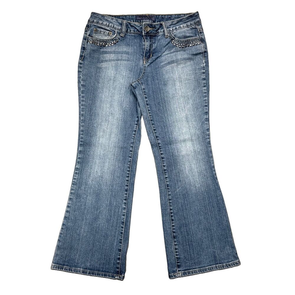 Vtg Zana Di Y2K Front Pocket Embellished Flared Jeans - Size 10P (Fits like 8P)